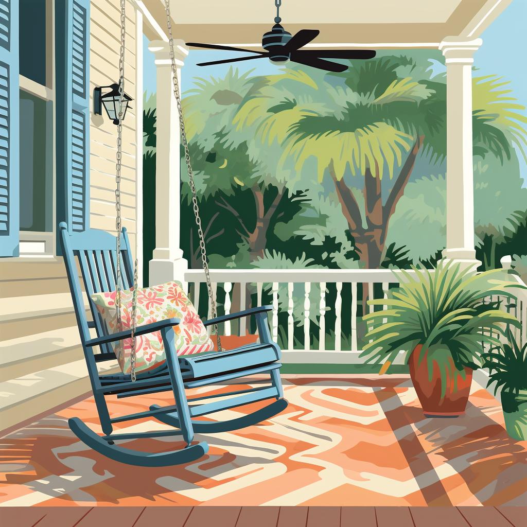 A Southern style patio with a rocking chair and a swing